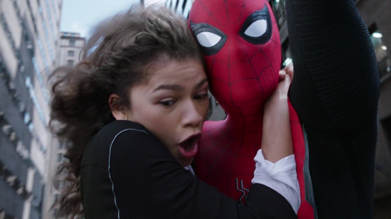 Zendaya as MJ screams swinging with Spider-Man in Far From Home