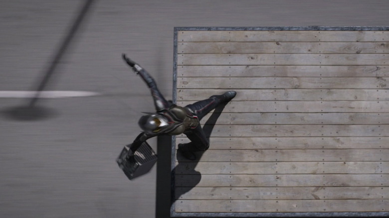 Stunt performer Ingrid Kleinig as Wasp falling off a truck in Ant-Man and the Wasp