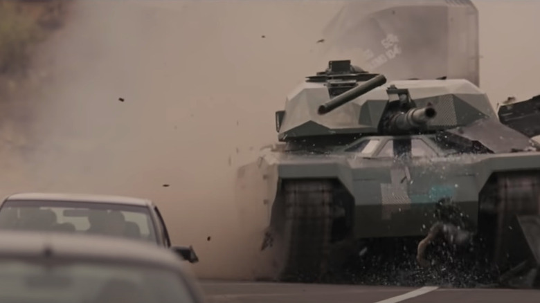 Tank destroys cars 