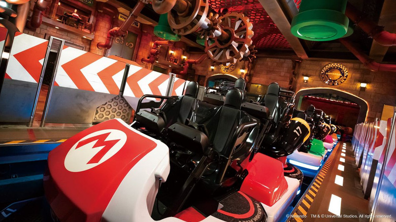 Inside the Mario Kart ride at Super Nintendo World