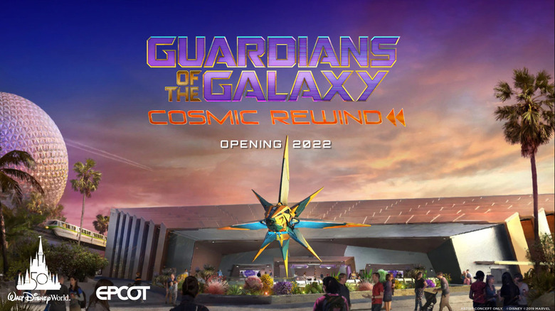 Artist rendering of the entrance area for Guardians of the Galaxy: Cosmic Rewind coaster at Disney's Epcot park.