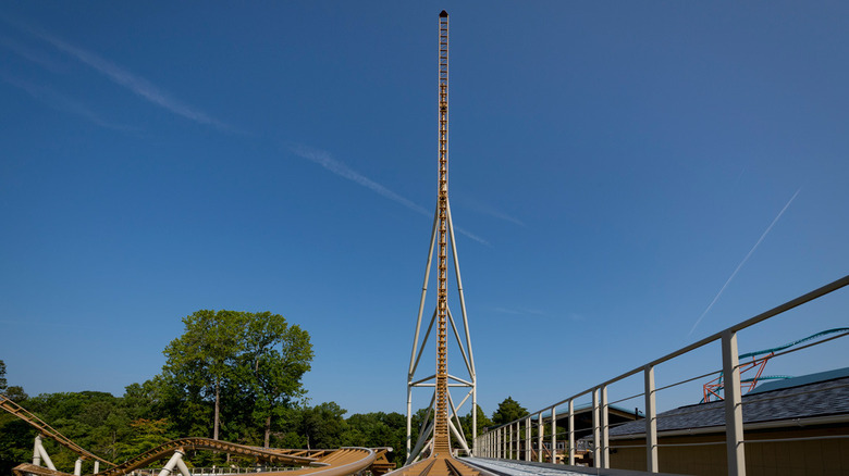 A shot of the 95-degree drop track of the new Pantheon coaster at Busch Gardens Williamsburg.