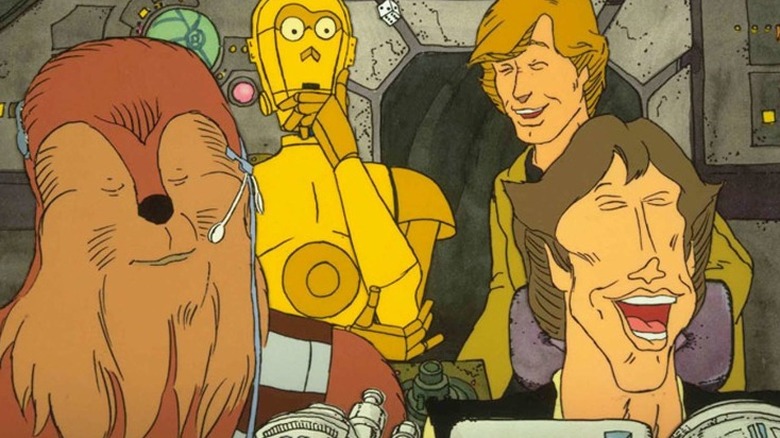 Luke, Han, and Chewbacca laugh at C-3PO in the "Holiday Special" (1978)