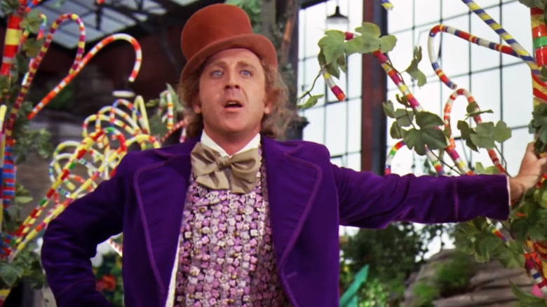 Willy Wonka stands in candy forest