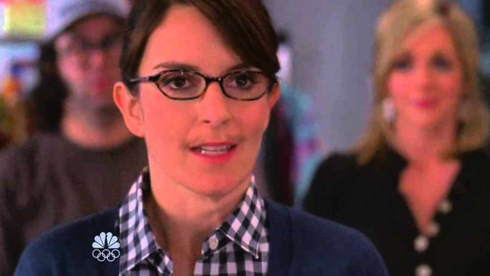 Liz Lemon sporting her mustache, Tom Selleck, on 30 Rock