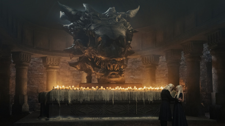 Balerion's skull surrounded by candles