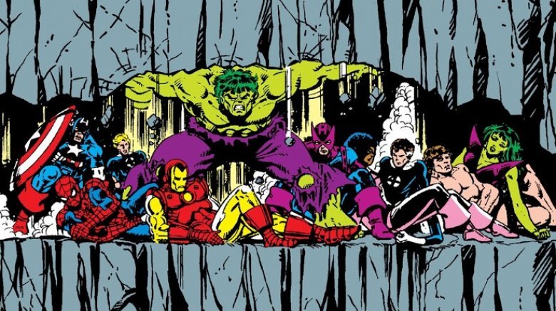 Hulk saving the heroes of Marvel in 1984's Secret Wars #4