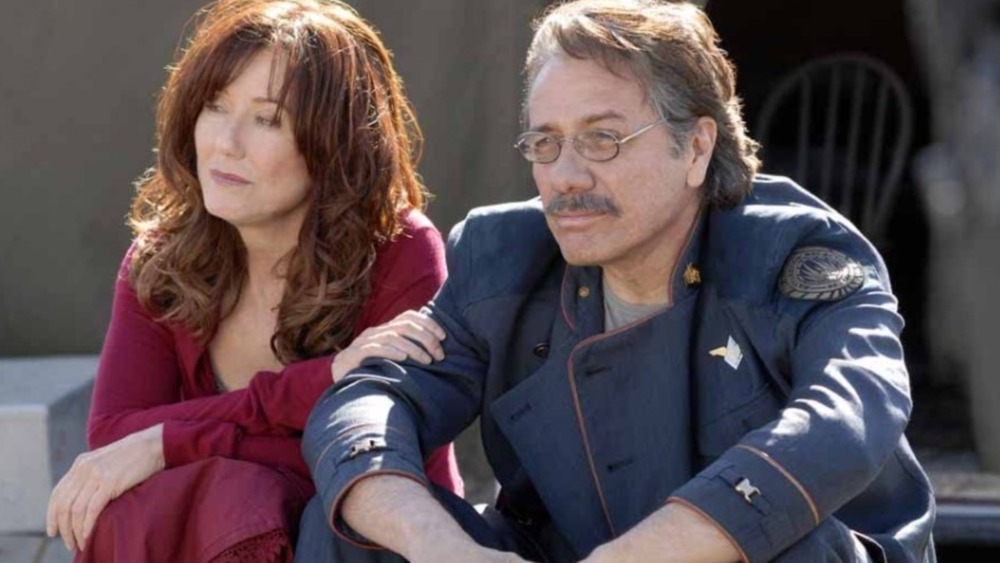 Mary McDonnell as Laura Roslin and Edward James Olmos as William Adama on Battlestar Galactica