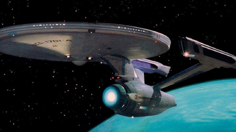 The Enterprise travels through space