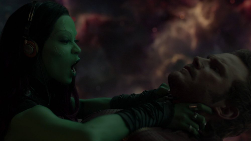 Zoe Saldana as Gamora and Chris Pratt as Star-Lord in Guardians of the Galaxy