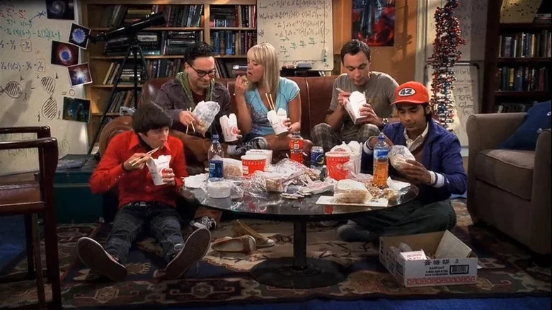 The Big Bang Theory cast eating Chinese food takeout