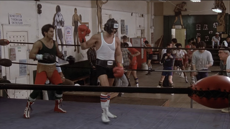 Sylvester Stallone spars with Roberto Duran in "Rocky II"