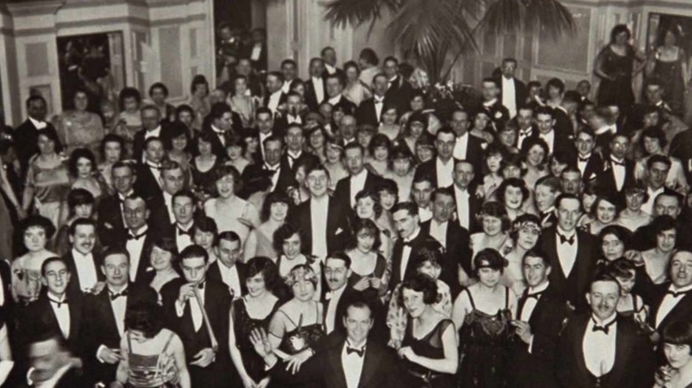 black and white group photo at a ball