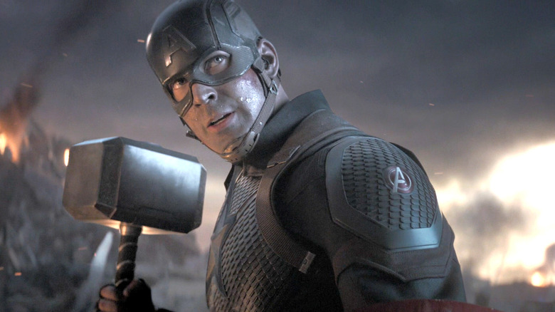 Captain America wields Thor's hammer in "Avengers: Endgame."