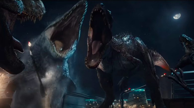 t-rex indominus velociraptor mosasaurus fight