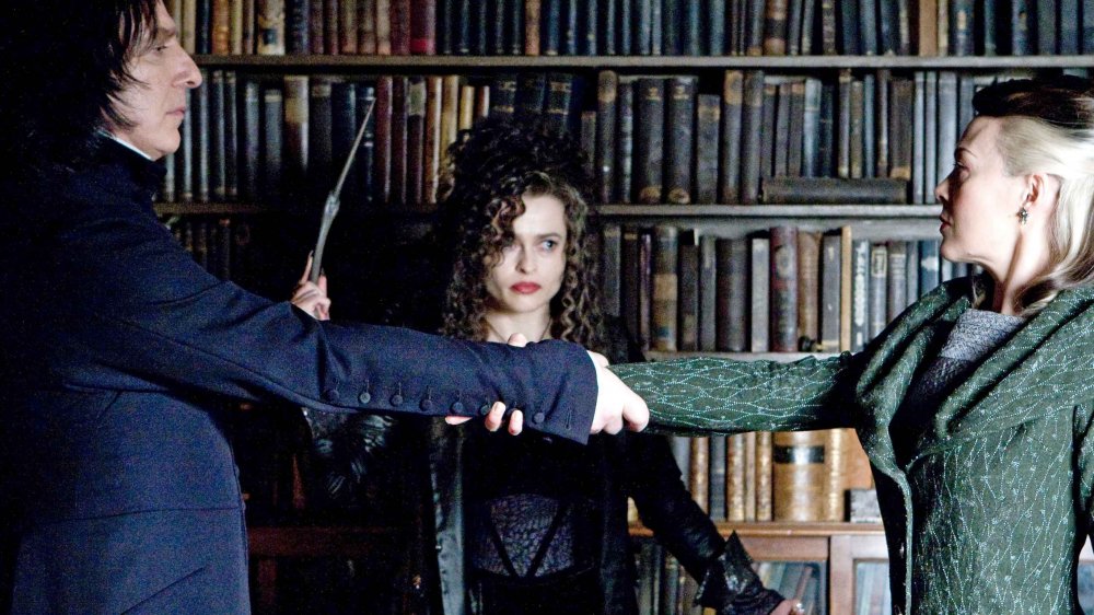 Alan Rickman as Severus Snape, Helena Bonham Carter as Bellatrix Lestrange, and Helen McCrory as Narcissa Malfoy in Harry Potter and the Half-Blood Prince