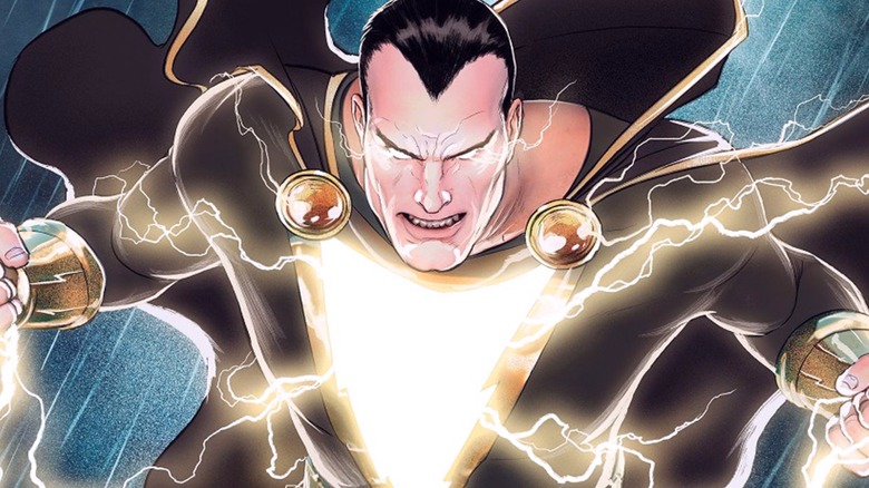 Black Adam charging lightning while flying and looking down