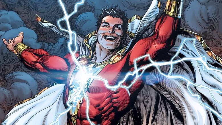 Captain Marvel Billy Batson flying with a smile as lightning flies from his chest