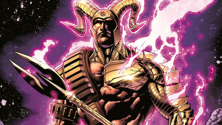 Magog holding an axe with purple energy rising off him