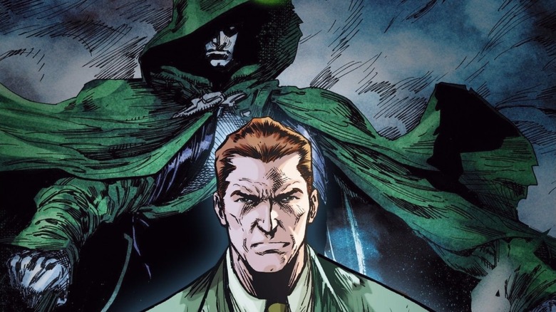 Jim Corrigan standing with the Spectre looming behind him