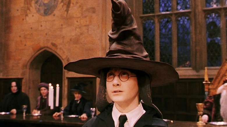 Harry wearing the Sorting Hat after arriving at Hogwarts for the first time