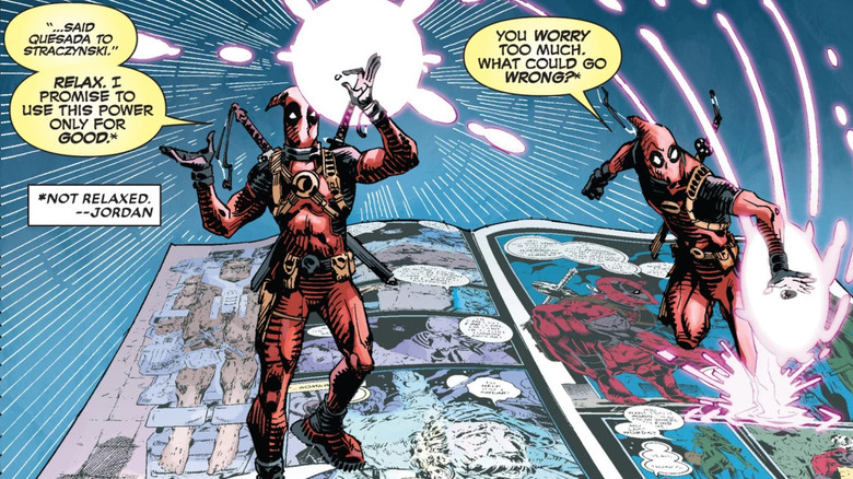 Two Deadpools hold a stone and jump inside a comic book