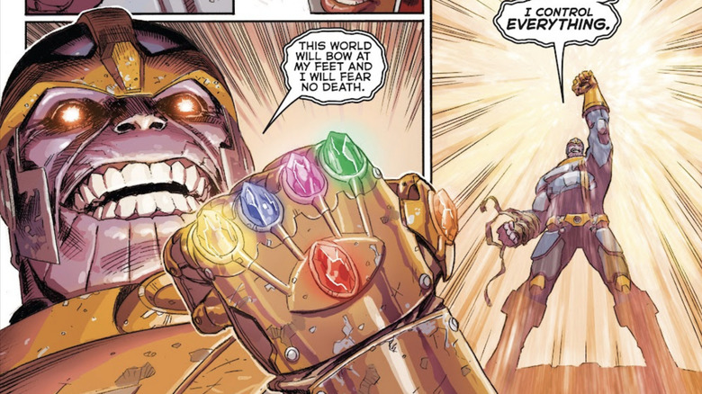 Thanos makes a fist with the Infinity Gauntlet