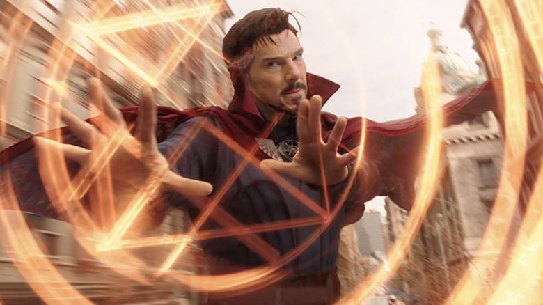 Doctor Strange flying and casting a spell