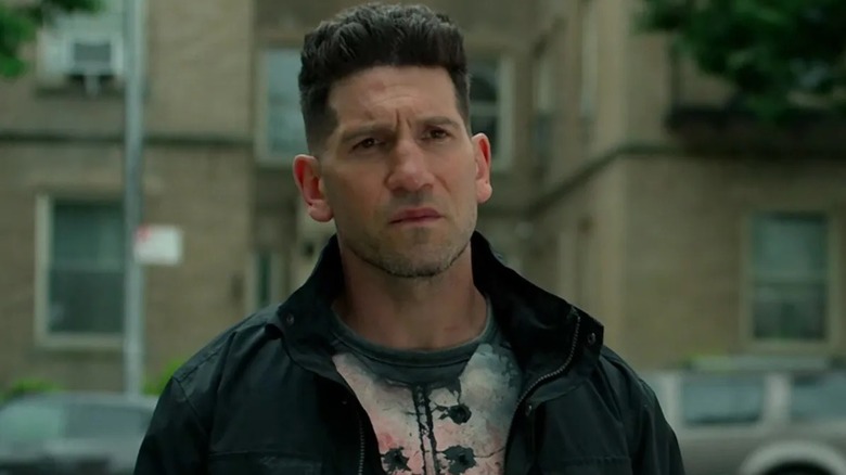 Punisher wearing a jacket over his iconic skull costume