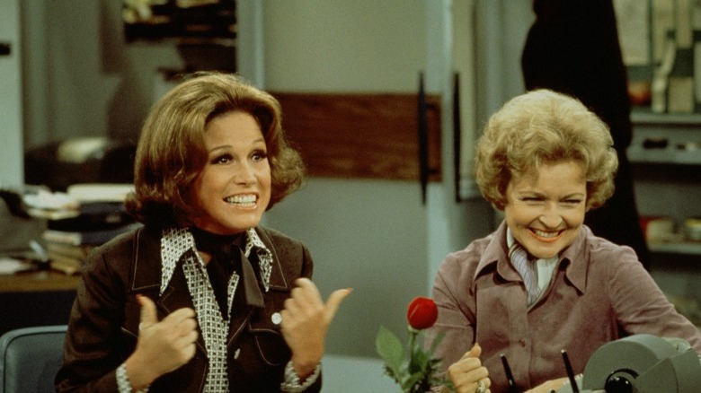 Mary Tyler Moore with Betty White smiling