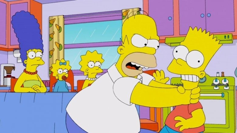 Homer Simpson chokes Bart Simpson