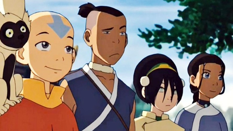 Momo, Aang, Sokka, Toph, and Katara