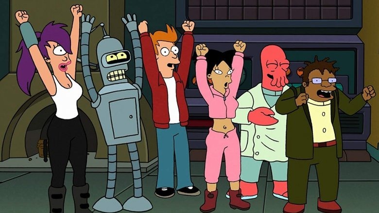 Leela, Bender, Fry, Amy, Zoiberg, and Hermes celebrating