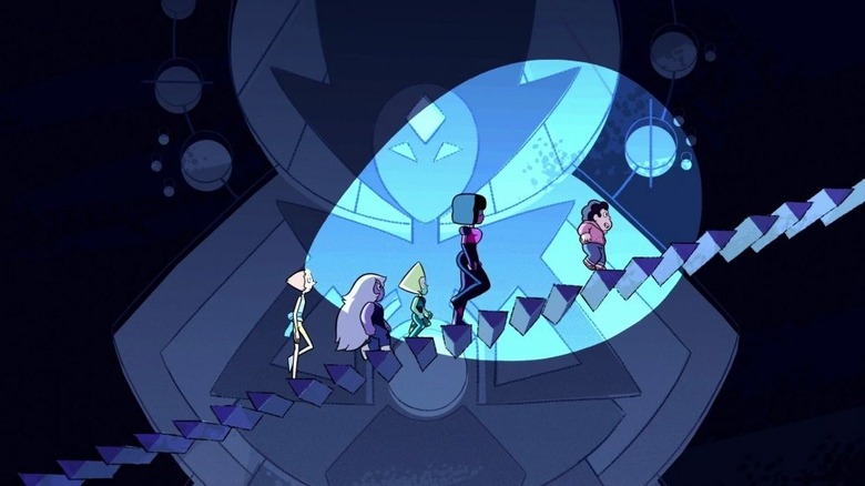 Pearl, Amethyst, Peridot, Garnet, and Steven ascending a staircase