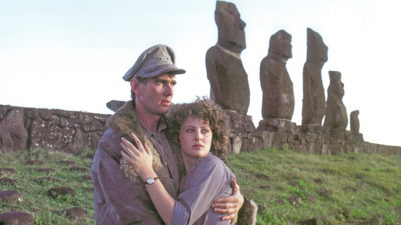 John Hargreaves holds Meredith Phillips on Easter Island