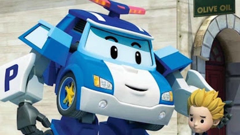 Robocar Poli pats a child's head