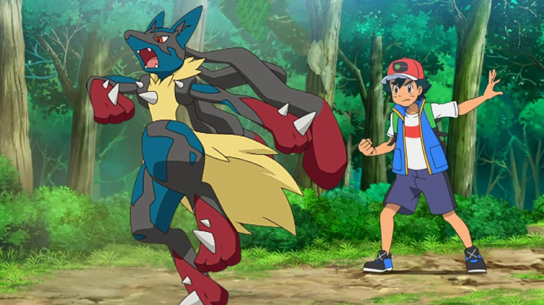 Ash training Mega Lucario in the woods