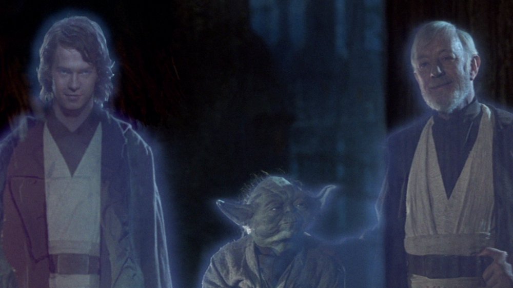 Hayden Christensen, Yoda, and Alec Guinness in Return of the Jedi