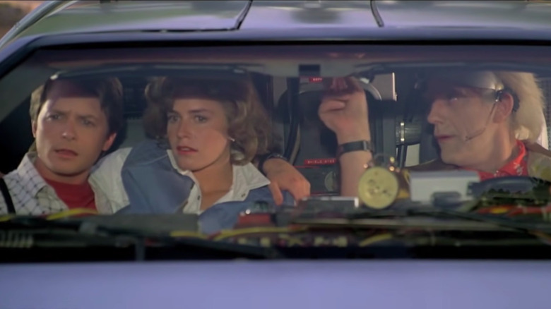 Marty, Jennifer, and Doc in the DeLorean