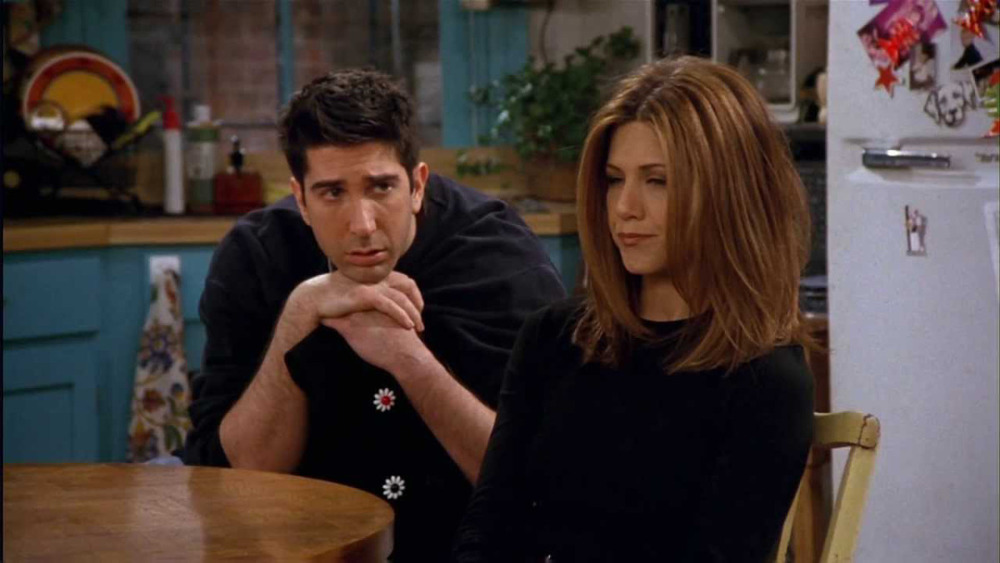 David Schwimmer as Ross Geller and Jennifer Aniston as Rachel Green on Friends