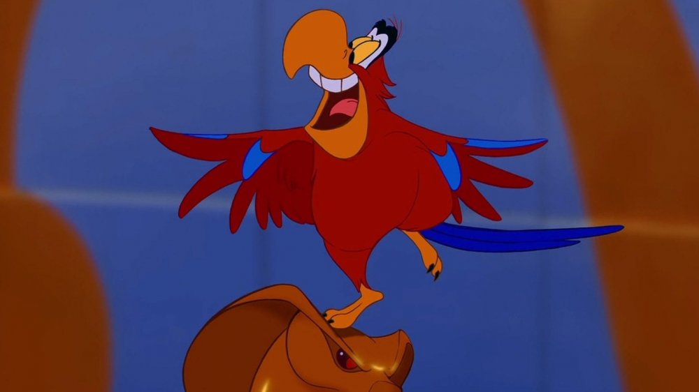 Iago dancing atop Jafar's cane in Aladdin