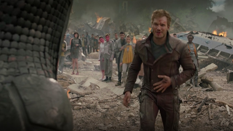 Quill gleefully dances in front of Ronan in Guardians of the Galaxy