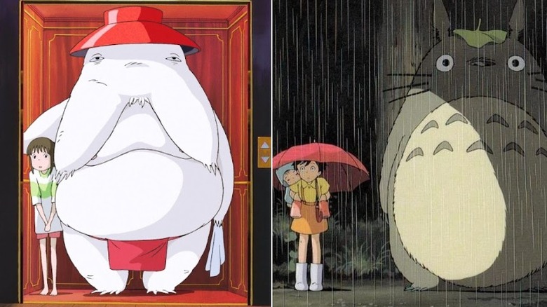 Chishiro and Radish Spirit in an elevator, Satsuki and Totoro at the bus stop