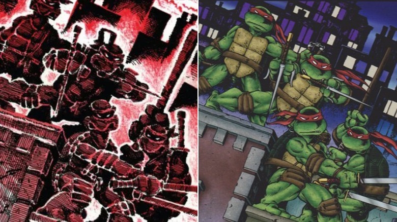 The four turtles posed with weapons on a NYC skyscraper