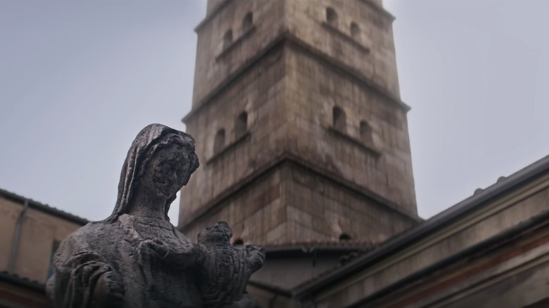 A courtyard statue is desecrated