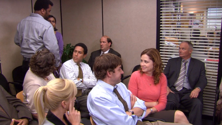 Jim and Pam breaking in conference room scene