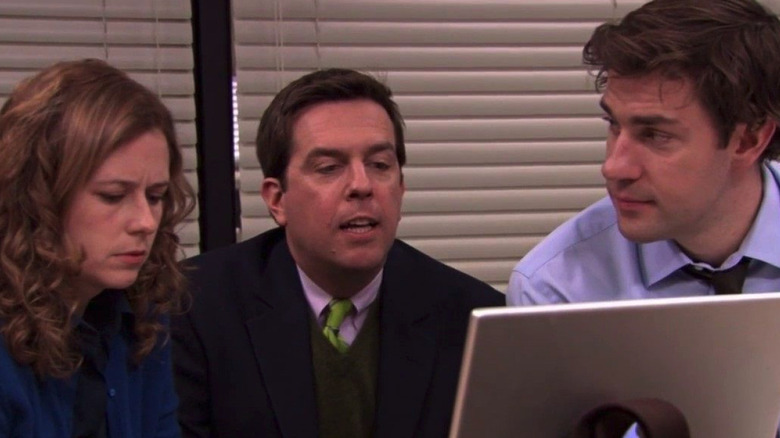 Pam, Andy, and Jim watch a movie