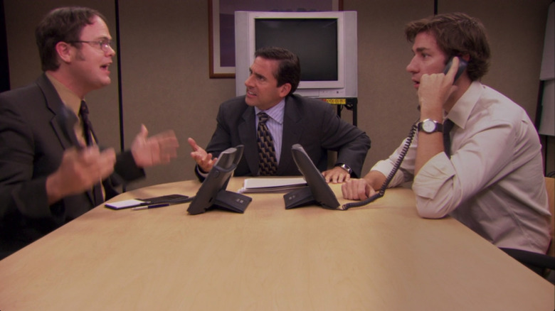 Dwight, Michael, and Jim in training