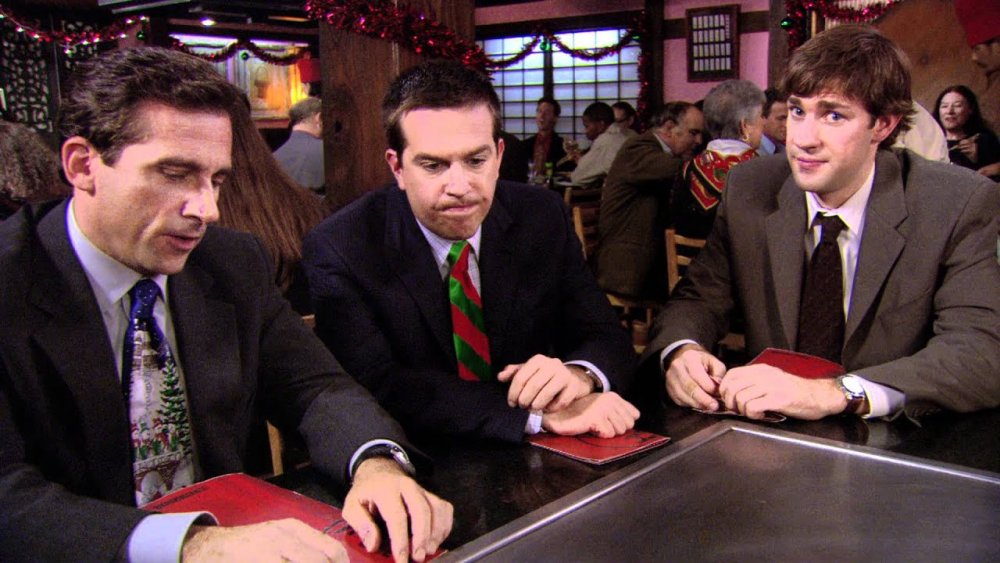 Steve Carell, Ed Helms, and John Krasinski as Michael, Andy, and Jim on The Office