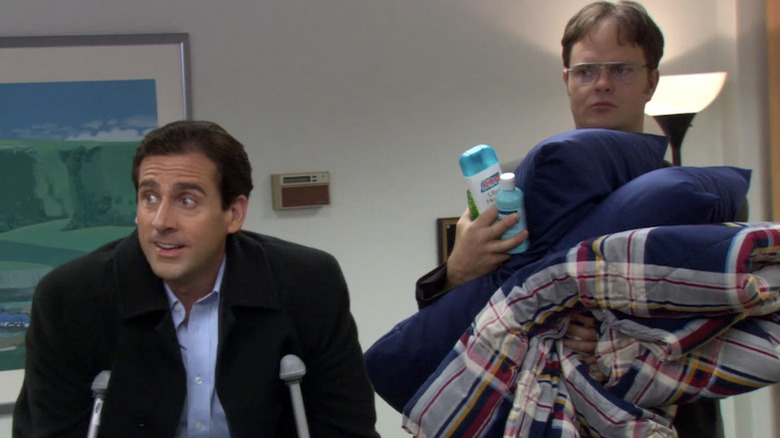 Michael Scott on crutches with Dwight